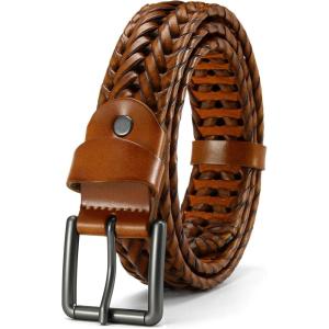 imageCHAOREN Leather Braided Belts for Men  1 18quot Mens Casual Woven Leather Belt for Dress PantsCognac