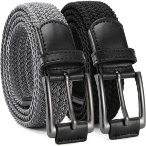 imageCHAOREN Belt for Men 2Pack  1 38quot Mens Stretch Braided Woven Golf Belt  Elastic Web Fit Casual Golf Jeans Pants PoloGrey  Black