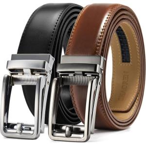 imageCHAOREN Click Belts for Men 2 Pack  Mens Ratchet Leather Belt 1 38quot for Dress and Casual  Micro Adjustable Belt FitSilverCognac