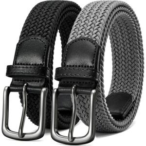 imageCHAOREN Mens Stretch Belt 2Pack  1 38quot Elastic Braided Woven Golf Belts for Men  Fit Casual Jeans PantsBlack  Grey