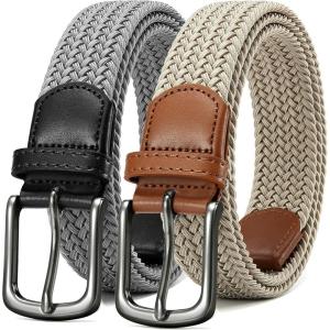 imageCHAOREN Mens Stretch Belt 2Pack  1 38quot Elastic Braided Woven Golf Belts for Men  Fit Casual Jeans PantsGrey  Khaki