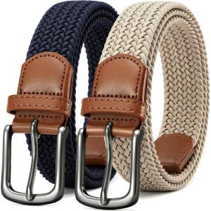 imageCHAOREN Mens Stretch Belt 2Pack  1 38quot Elastic Braided Woven Golf Belts for Men  Fit Casual Jeans PantsNavy Blue  Khaki
