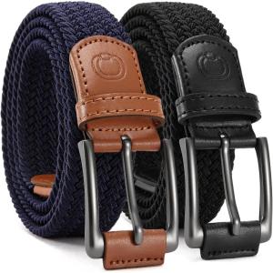 imageCHAOREN Stretch Belts for Men 2Pack  1 38quot Men Elastic Braided Golf Belt  Woven Web Fit Summer Casual Jeans2packblackAntique Blue