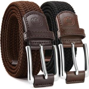 imageCHAOREN Stretch Belt Men 2 Pack  1 38quot Braided Golf Belts For Men  Casual Elastic For Pants and Jeans2packbeigeDark Brown
