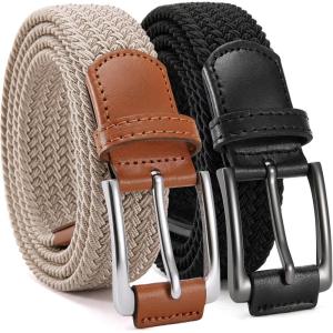 imageCHAOREN Stretch Belt Men 2 Pack  1 38quot Braided Golf Belts For Men  Casual Elastic For Pants and JeansBeige  Black