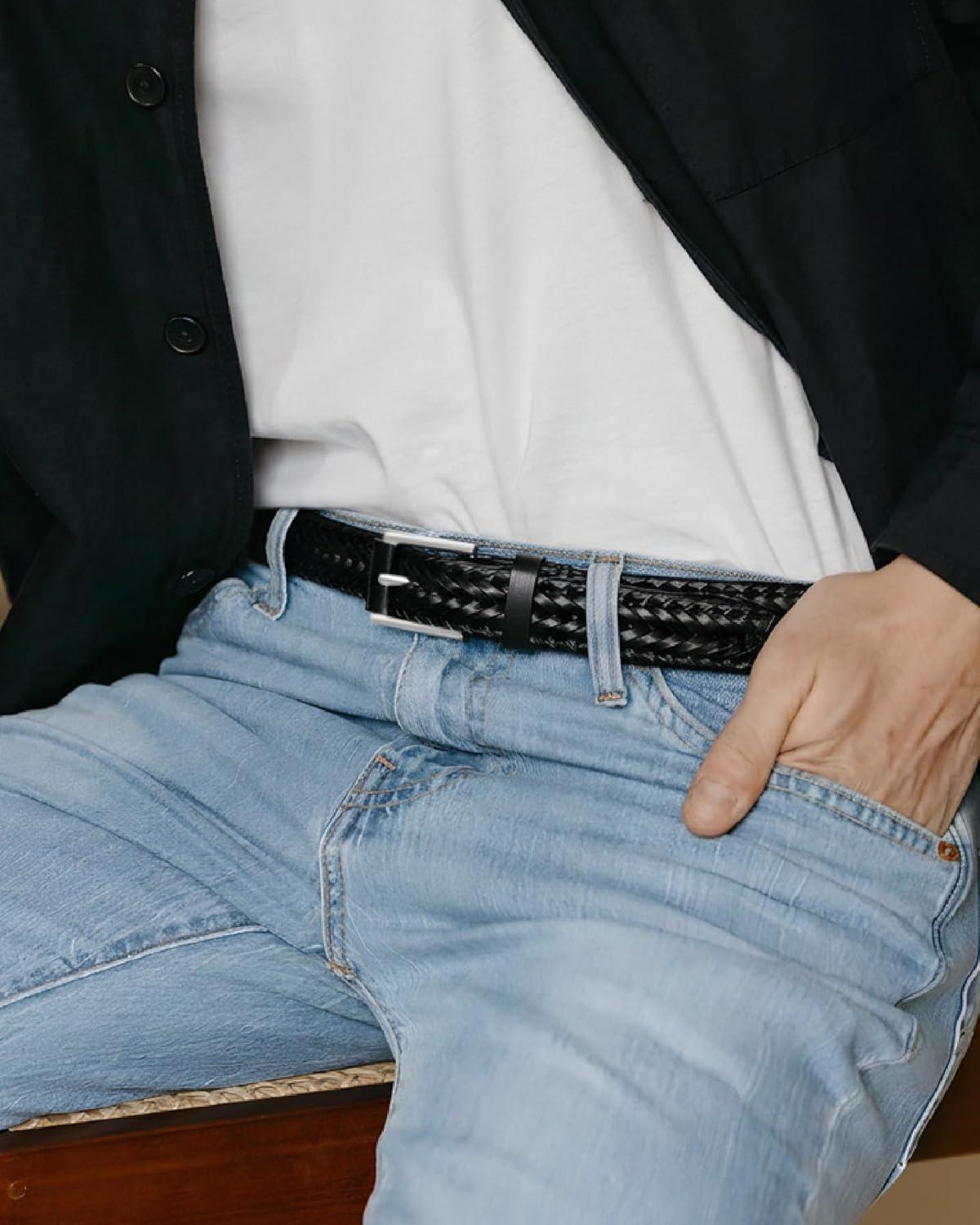 imageCHAOREN Mens Braided Leather Belt Casual Woven Leather Belt for Men 35mm Width for Dress Jeans GolfBlack