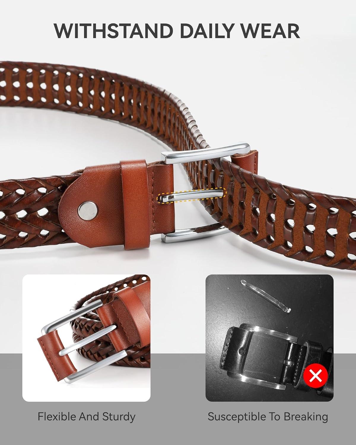 imageCHAOREN Mens Braided Leather Belt Casual Woven Leather Belt for Men 35mm Width for Dress Jeans GolfBrown