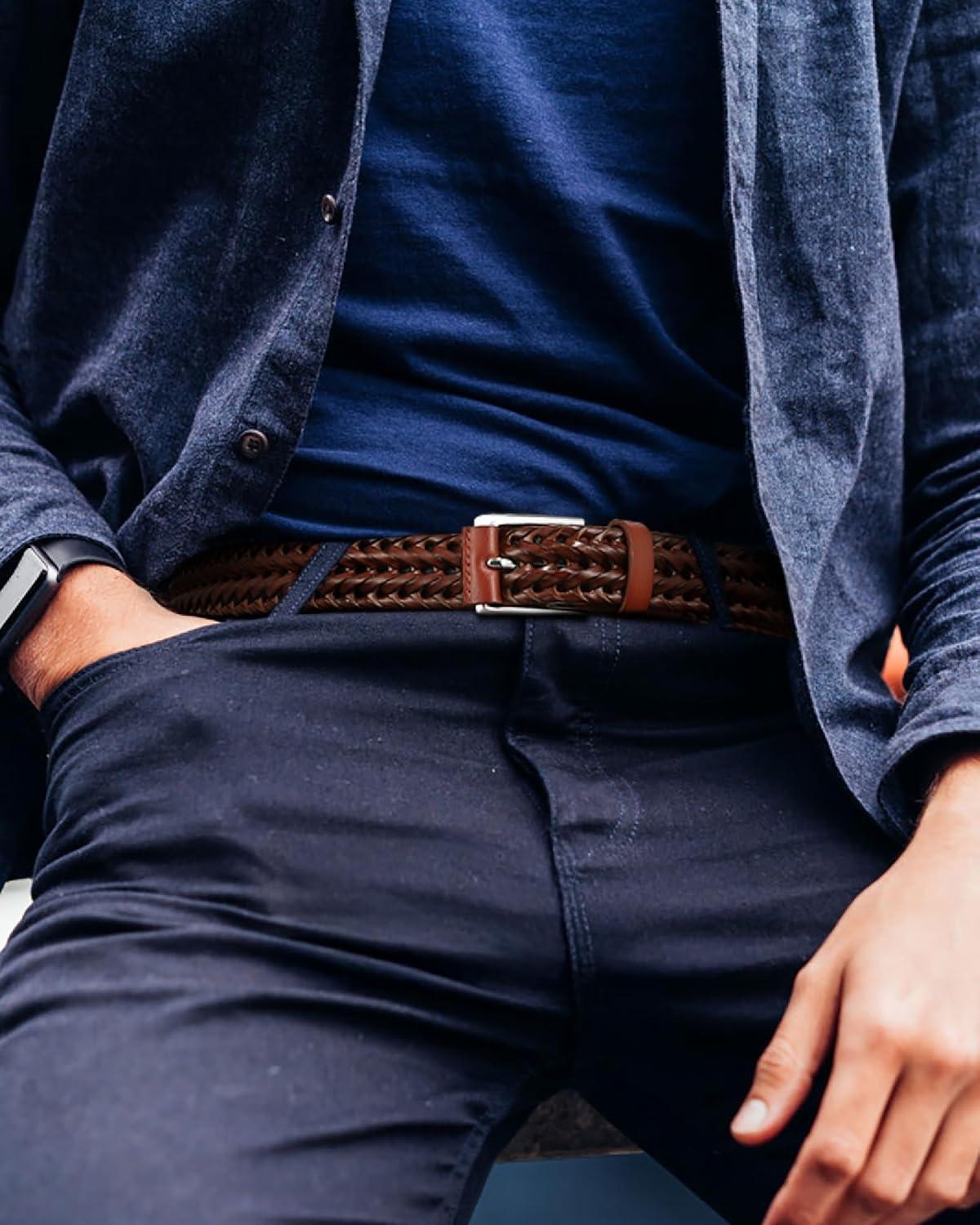 imageCHAOREN Mens Braided Leather Belt Casual Woven Leather Belt for Men 35mm Width for Dress Jeans GolfBrown