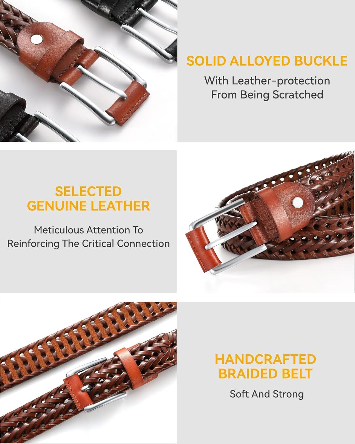imageCHAOREN Mens Braided Leather Belt Casual Woven Leather Belt for Men 35mm Width for Dress Jeans GolfDark Brown