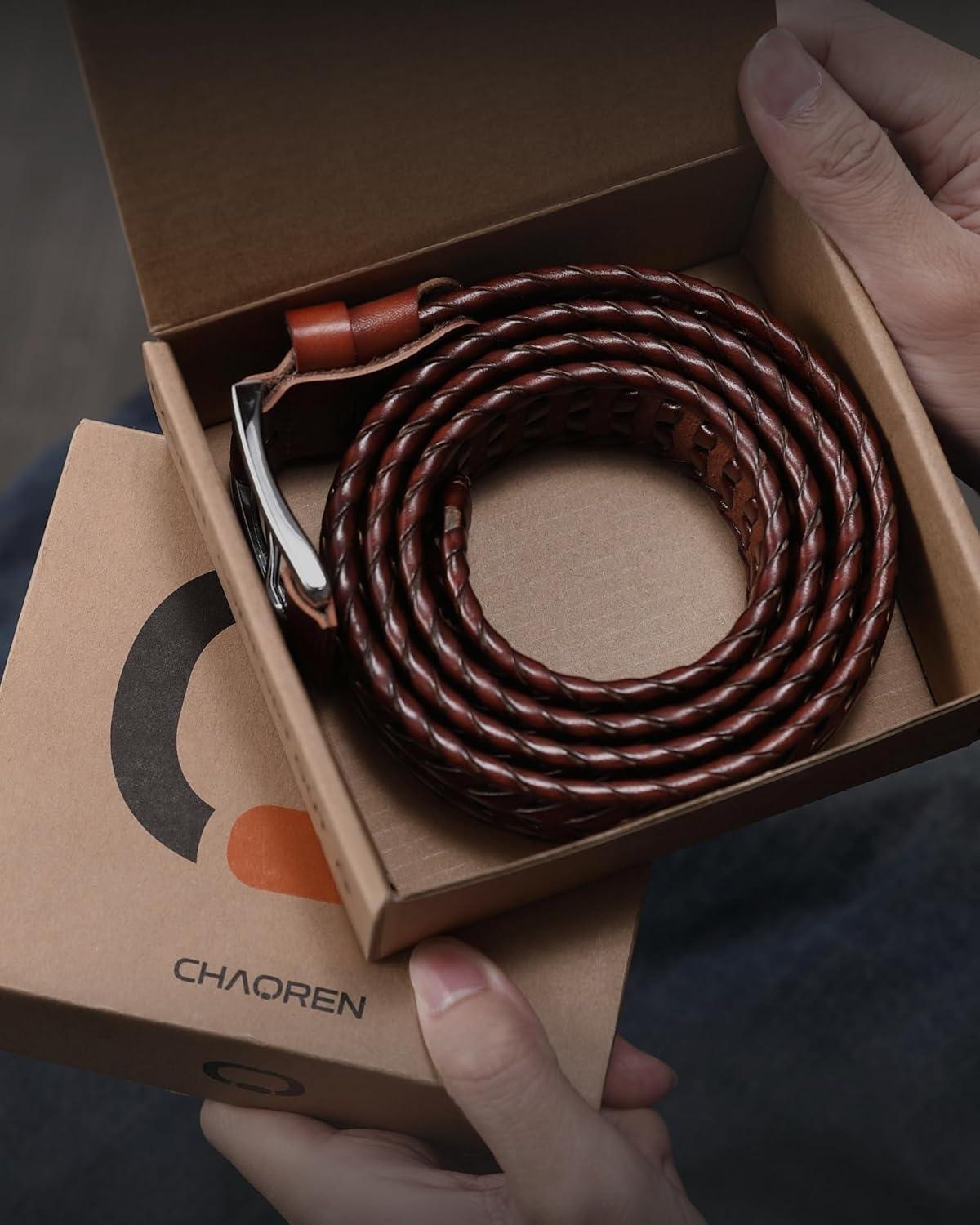 imageCHAOREN Mens Braided Leather Belt Casual Woven Leather Belt for Men 35mm Width for Dress Jeans GolfDark Brown