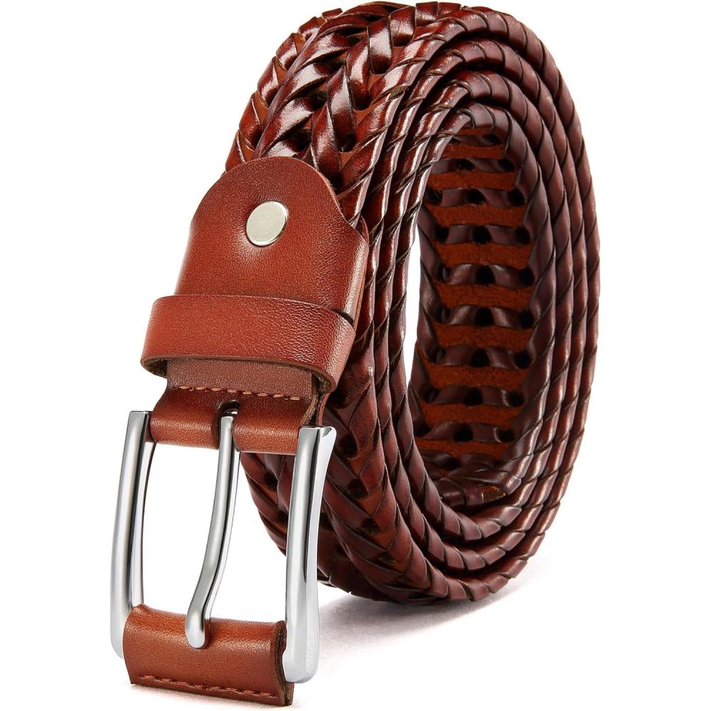 imageCHAOREN Mens Braided Leather Belt Casual Woven Leather Belt for Men 35mm Width for Dress Jeans GolfBrown