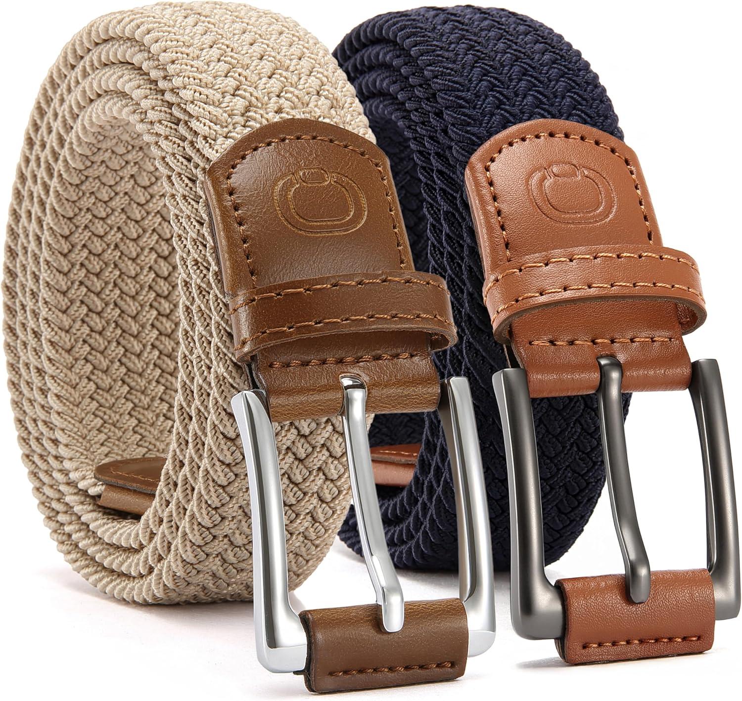 imageCHAOREN Stretch Belt Men 2 Pack  1 38quot Braided Golf Belts For Men  Casual Elastic For Pants and Jeans2 Pack  Navy Blue  Beige