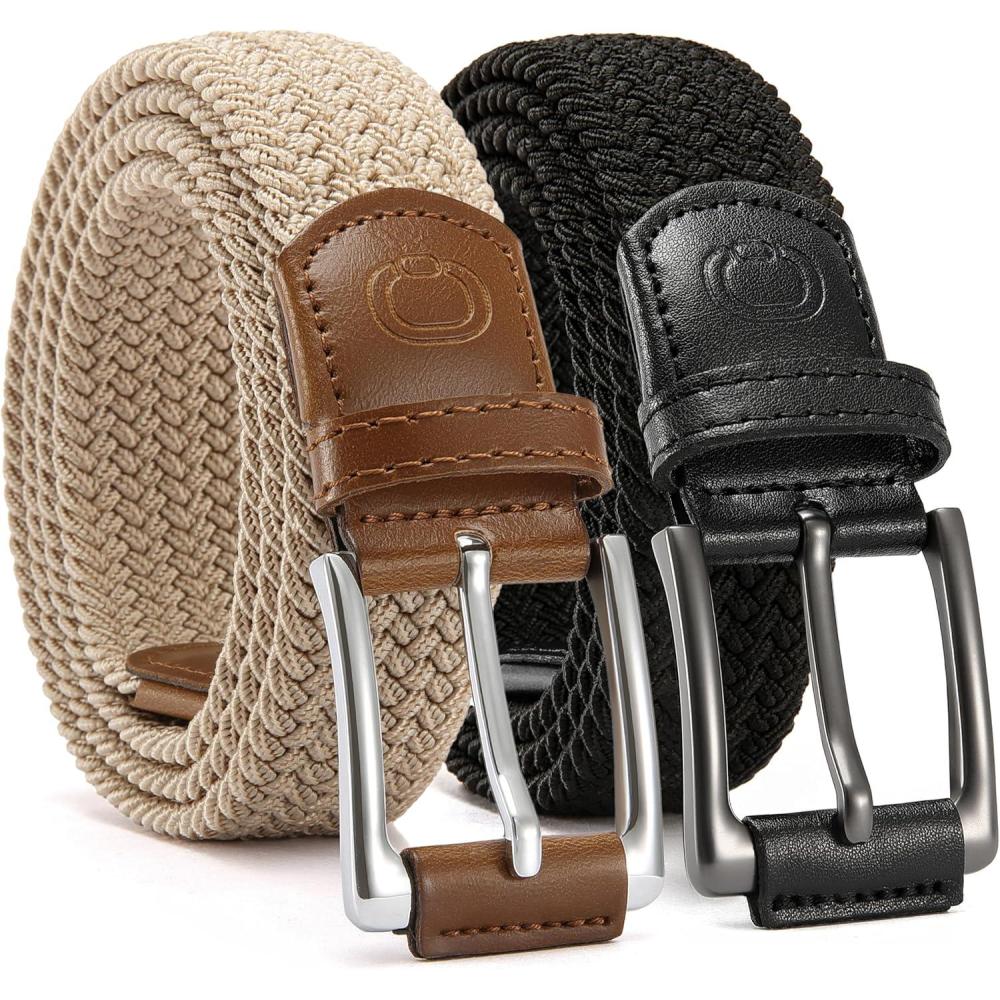 imageCHAOREN Stretch Belt Men 2 Pack  1 38quot Braided Golf Belts For Men  Casual Elastic For Pants and Jeans2 Pack  Black  Beige