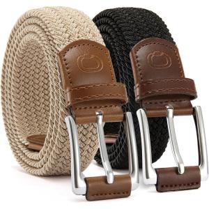 imageCHAOREN Stretch Belt Men 2 Pack  1 38quot Braided Golf Belts For Men  Casual Elastic For Pants and Jeans2 Pack  Beige  Black
