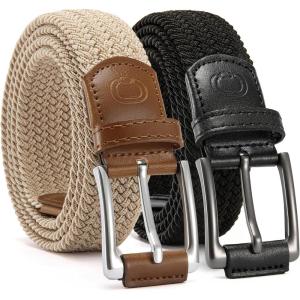 imageCHAOREN Stretch Belt Men 2 Pack  1 38quot Braided Golf Belts For Men  Casual Elastic For Pants and Jeans2 Pack  Black  Beige